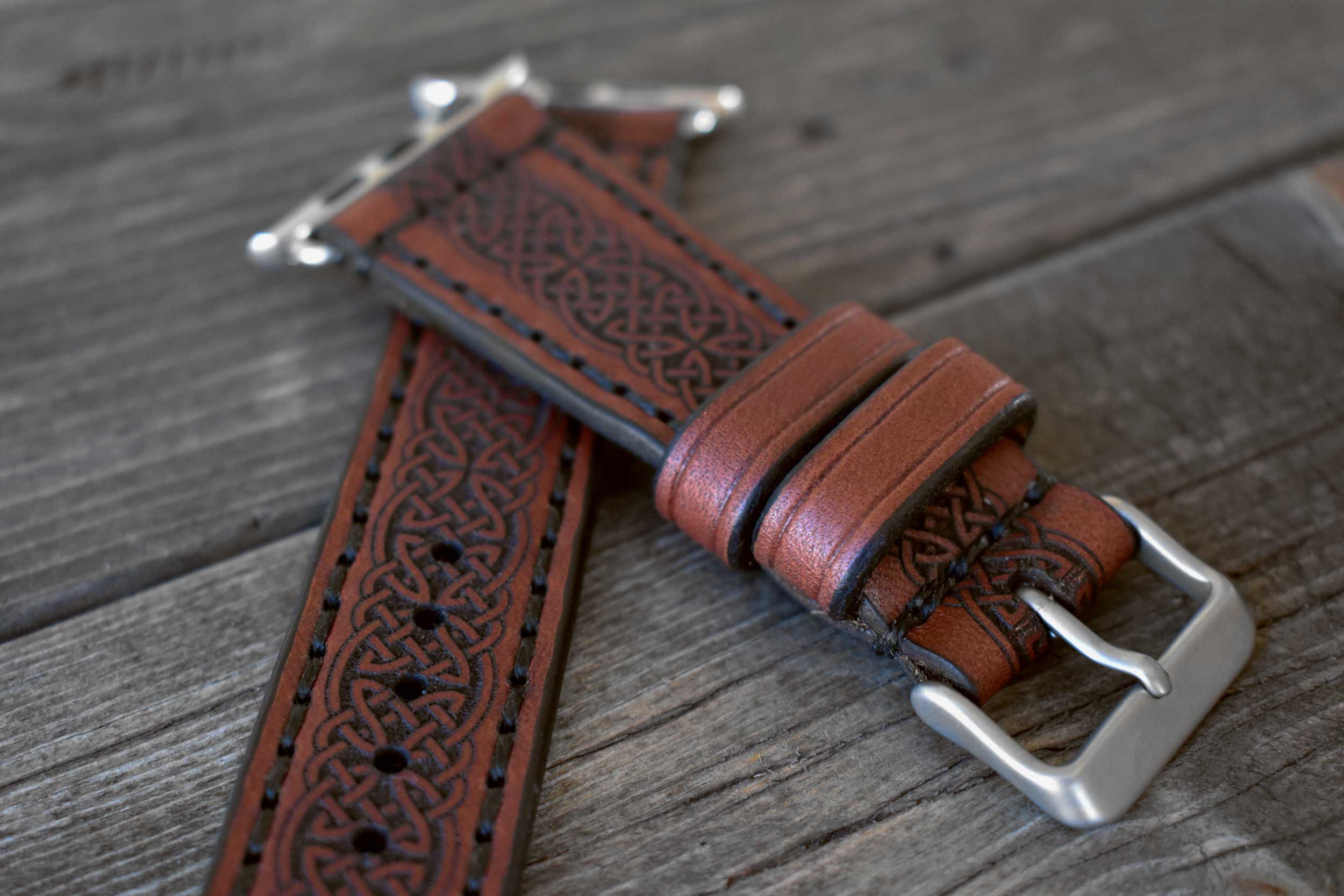 Apple Watch strap in brown bridle leather with laser engraved Celtic knotwork