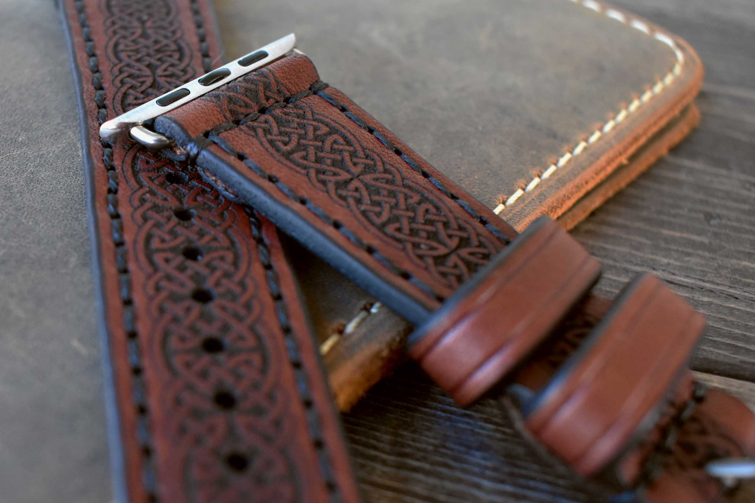 Apple Watch strap in brown bridle leather with laser engraved Celtic knotwork