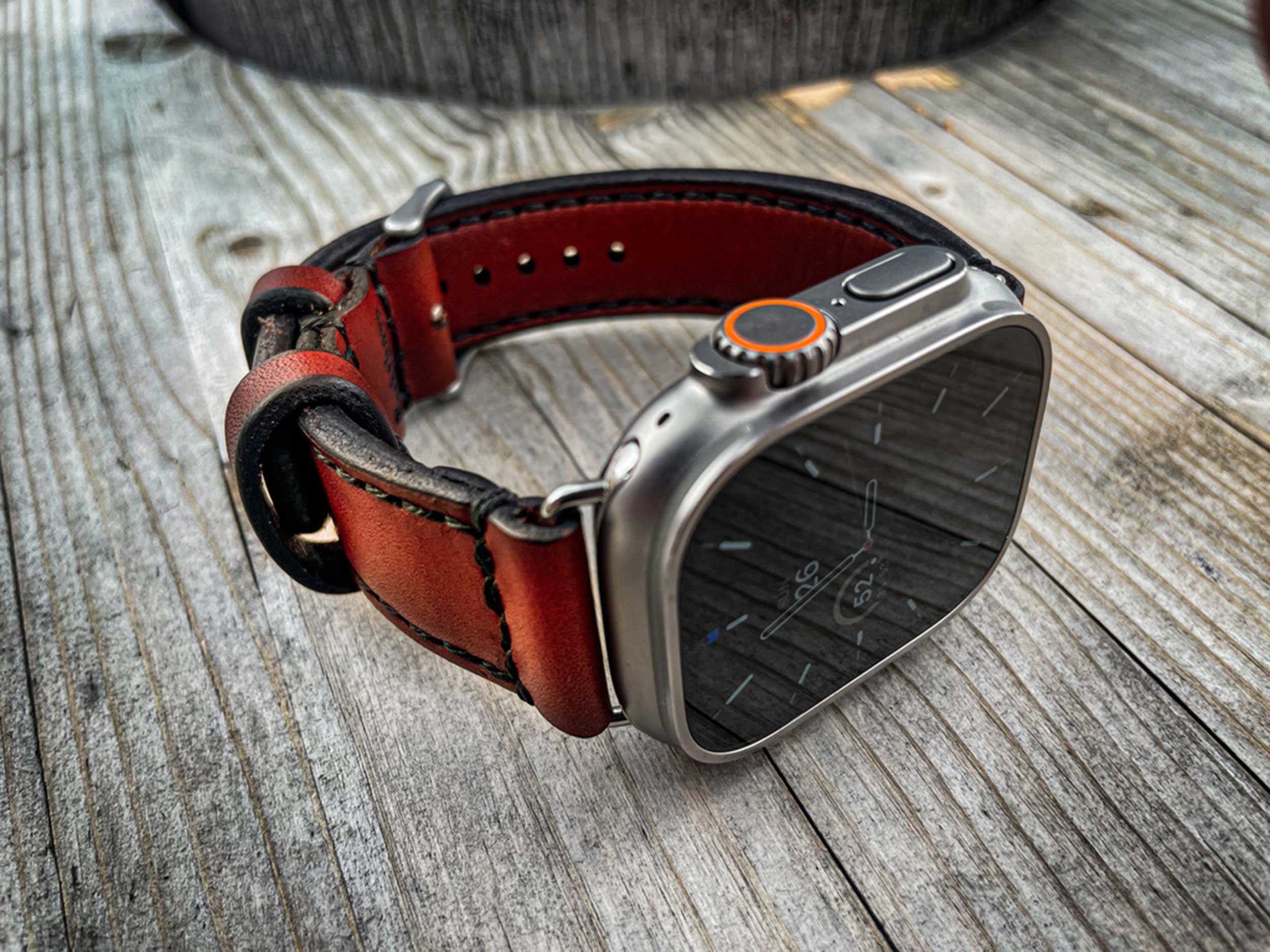 Blackthorn leather brown watch strap on an Apple Watch Ultra.