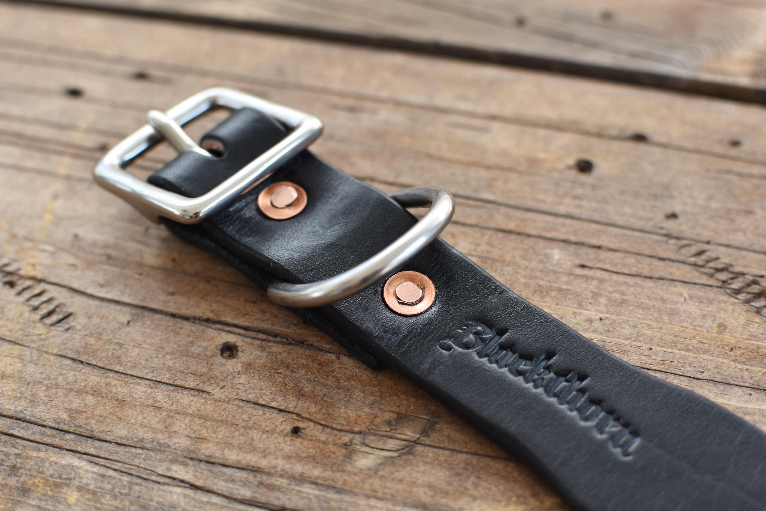 Blackthorn Leather dog collar in black with matte nickel hardware.