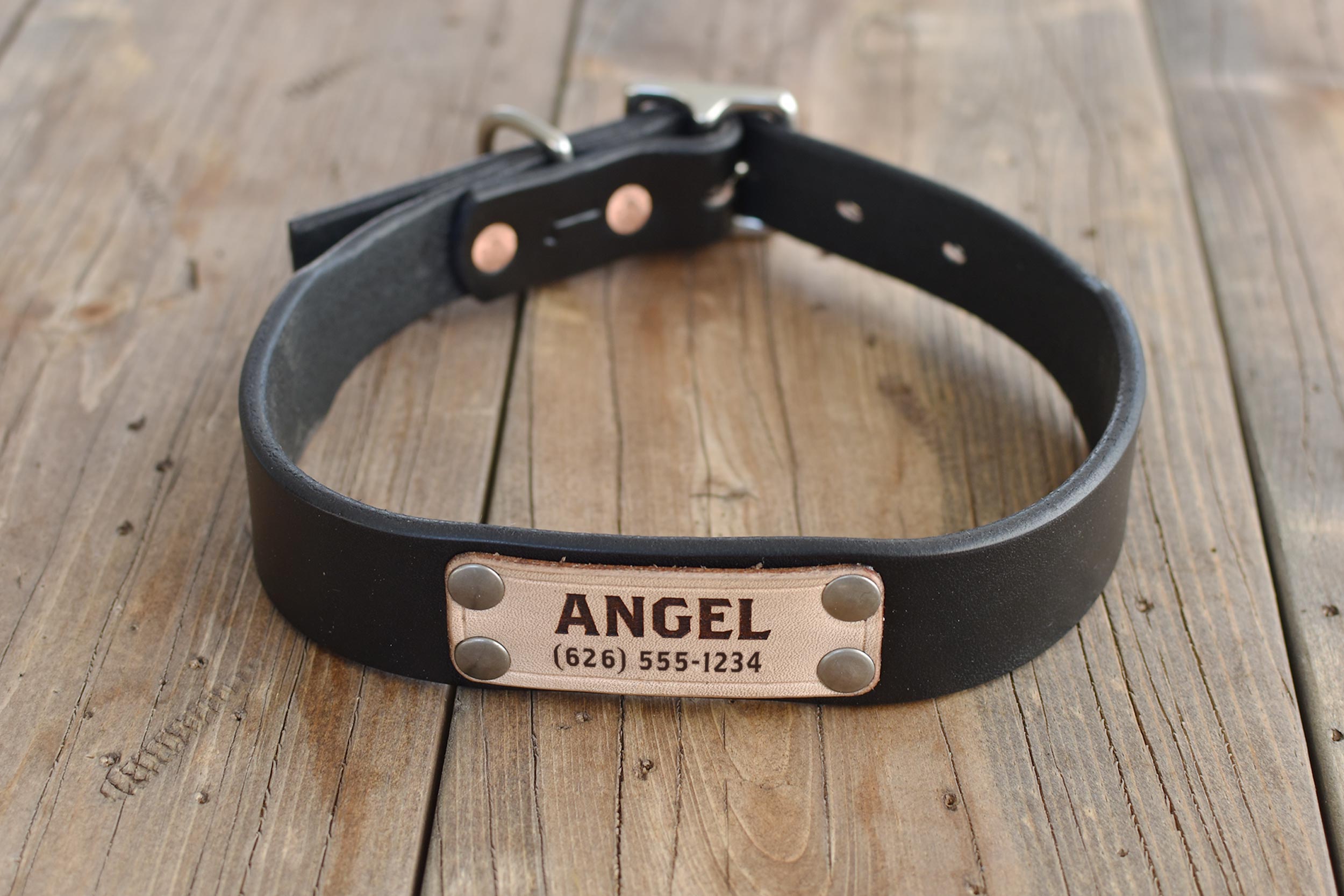 Blackthorn Leather dog collar in black with matte nickel hardware.