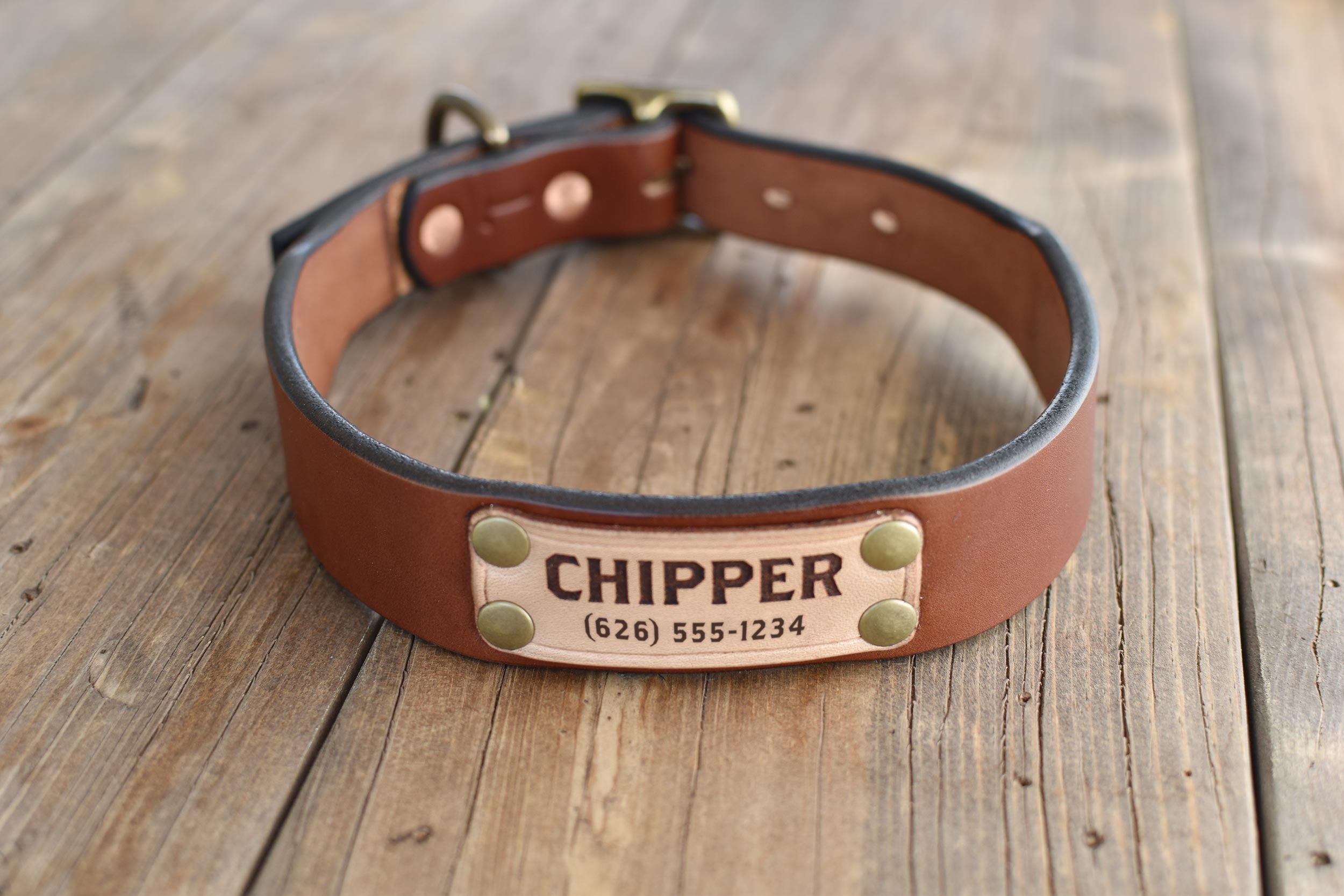 Blackthorn Leather dog collar in medium brown with antique brass hardware.