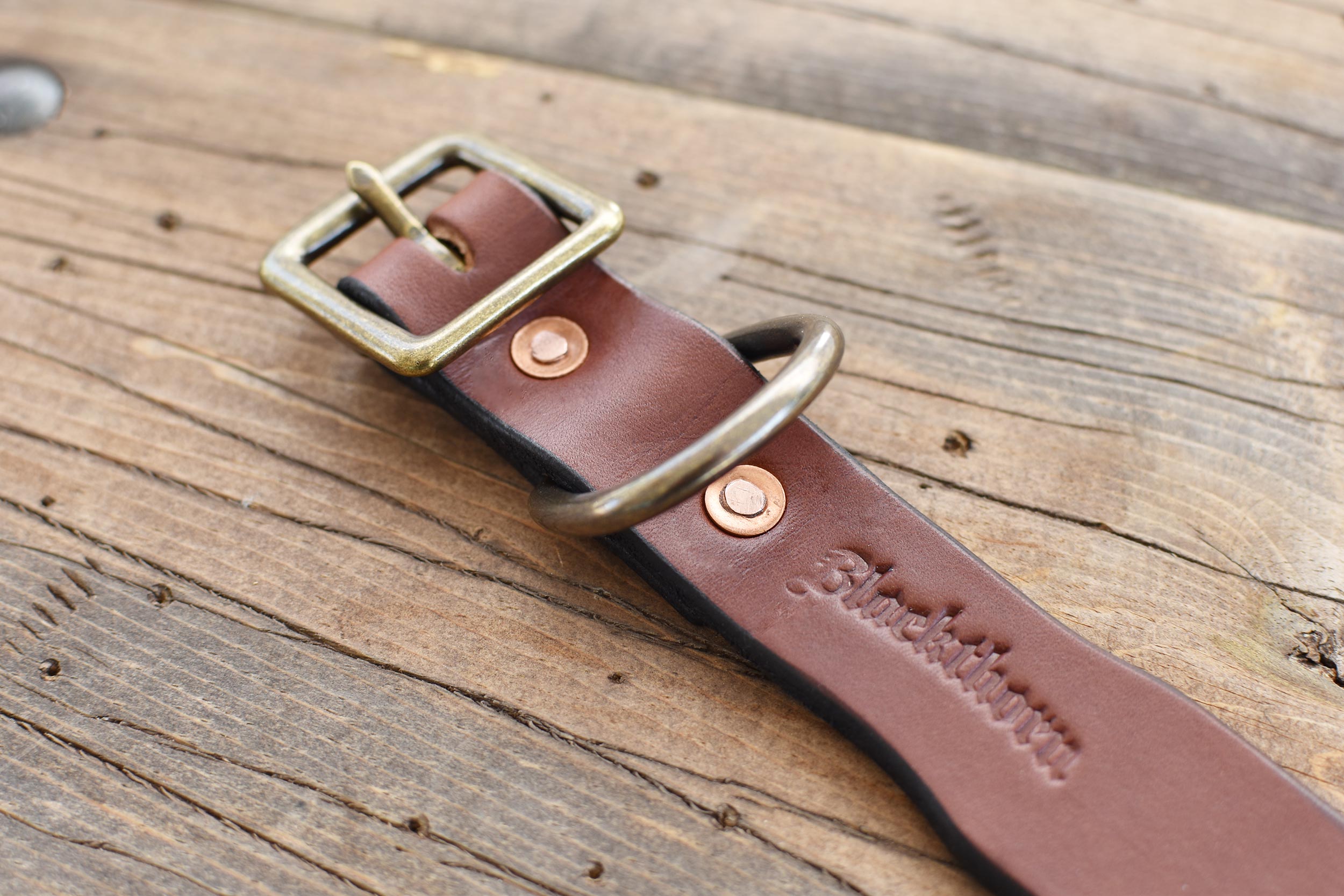 Blackthorn Leather dog collar in medium brown with antique brass hardware.