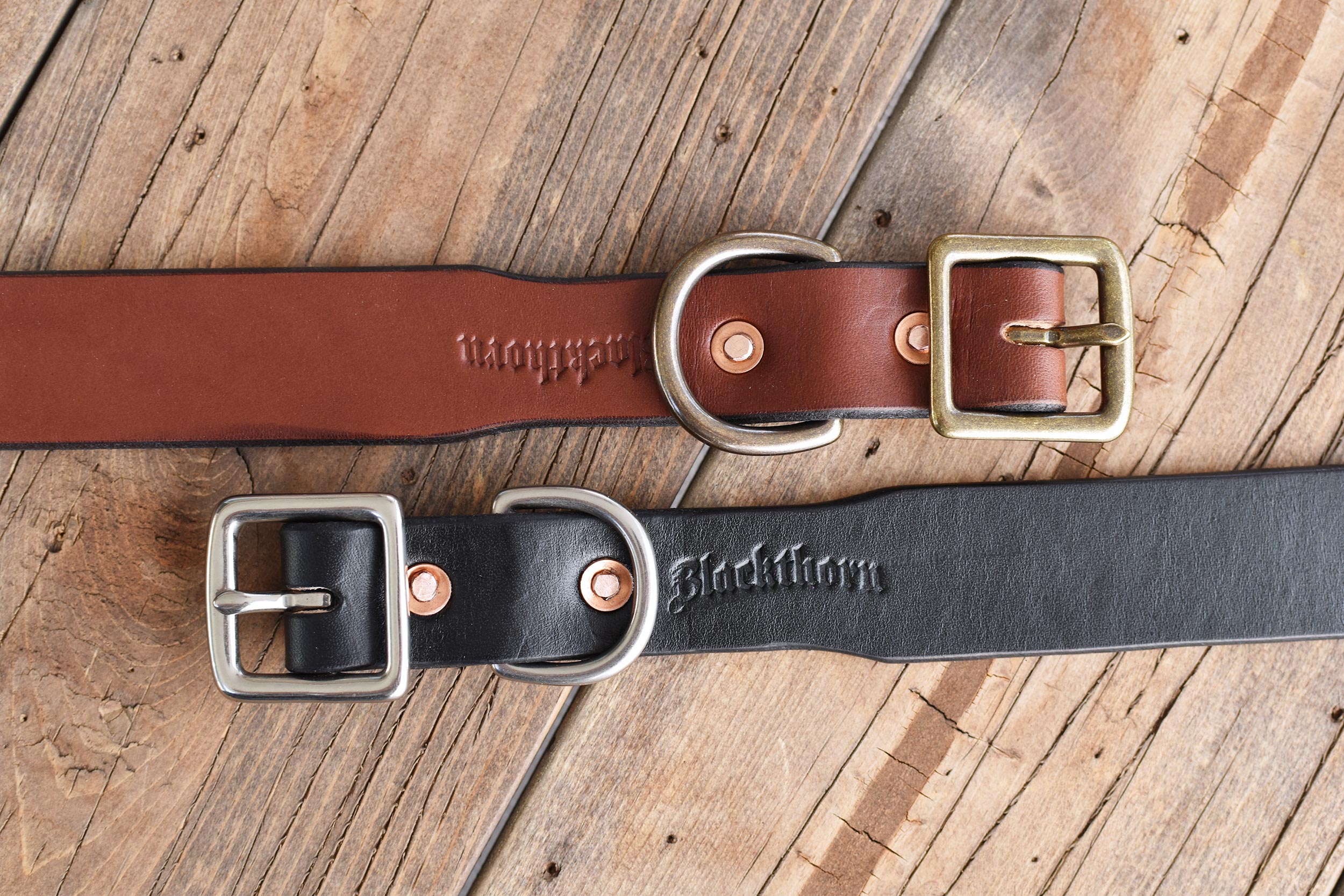 Blackthorn Leather dog collar in medium brown with antique brass hardware.