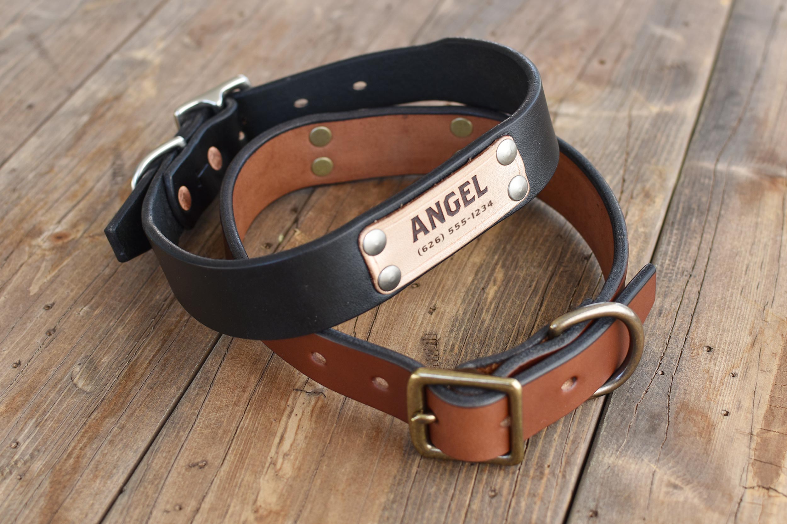 Blackthorn Leather dog collar in medium brown with antique brass hardware.