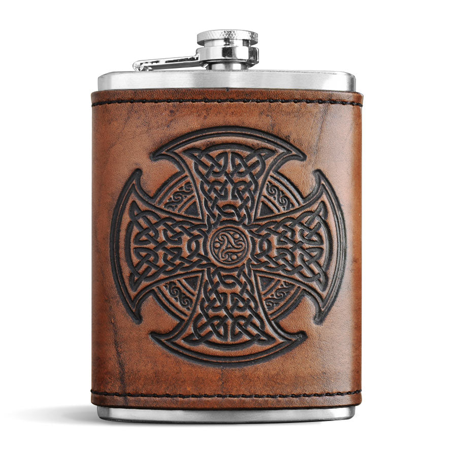 Leather Wrapped Flask - CELTIC HIGH CROSS