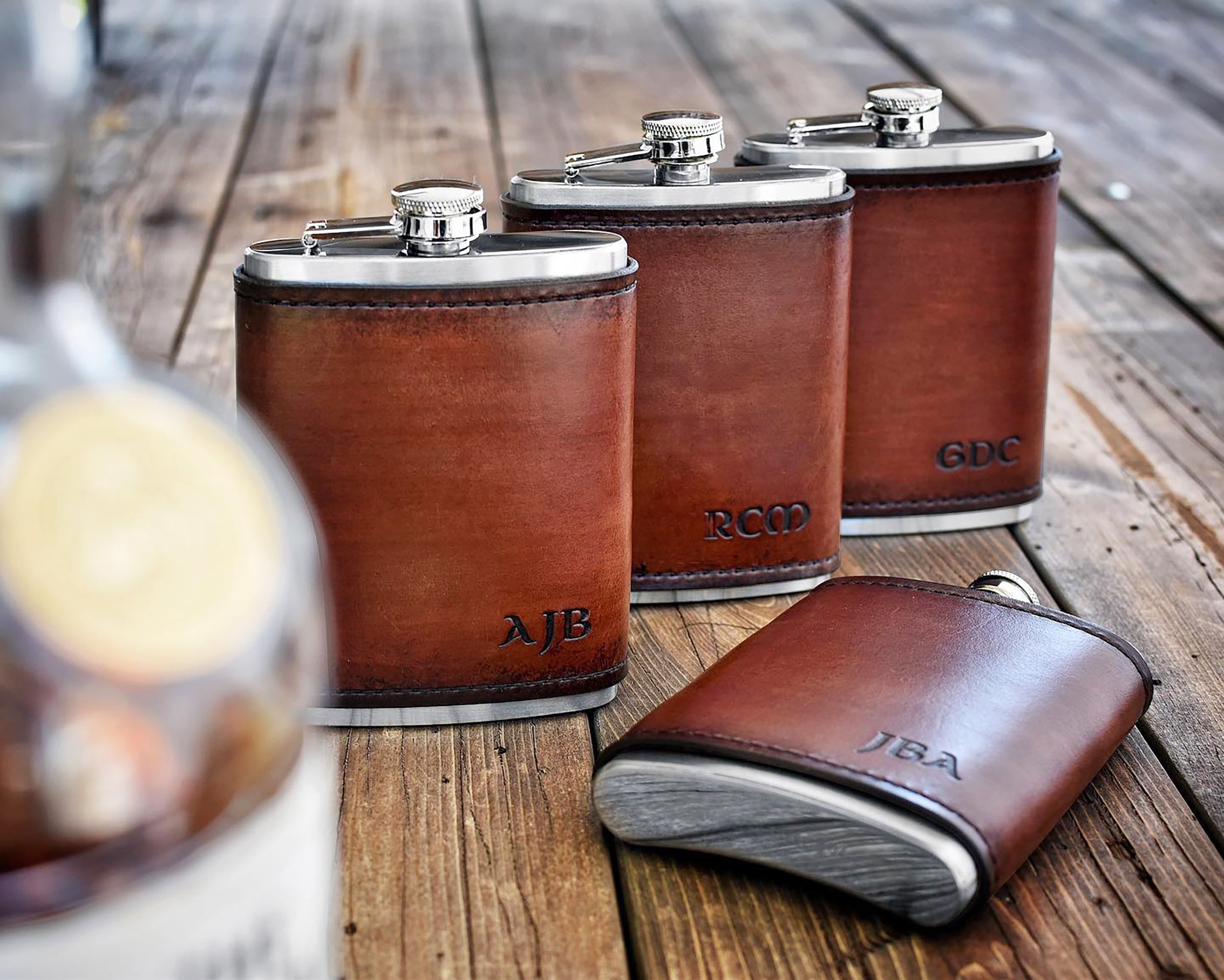 Leather Wrapped Flask with Monogram