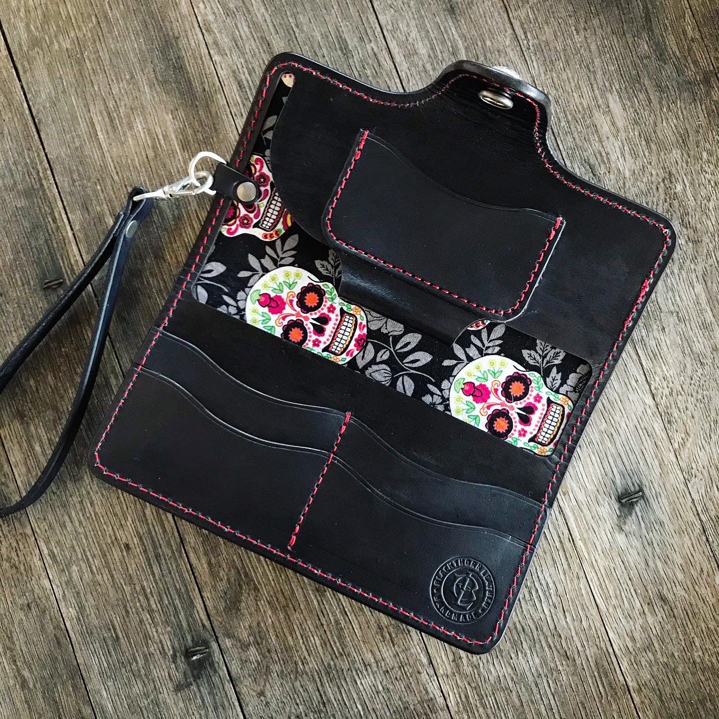 Sugar Skull Large Clutch Wallet with Wristlet - Black w/Sugar Skull liner