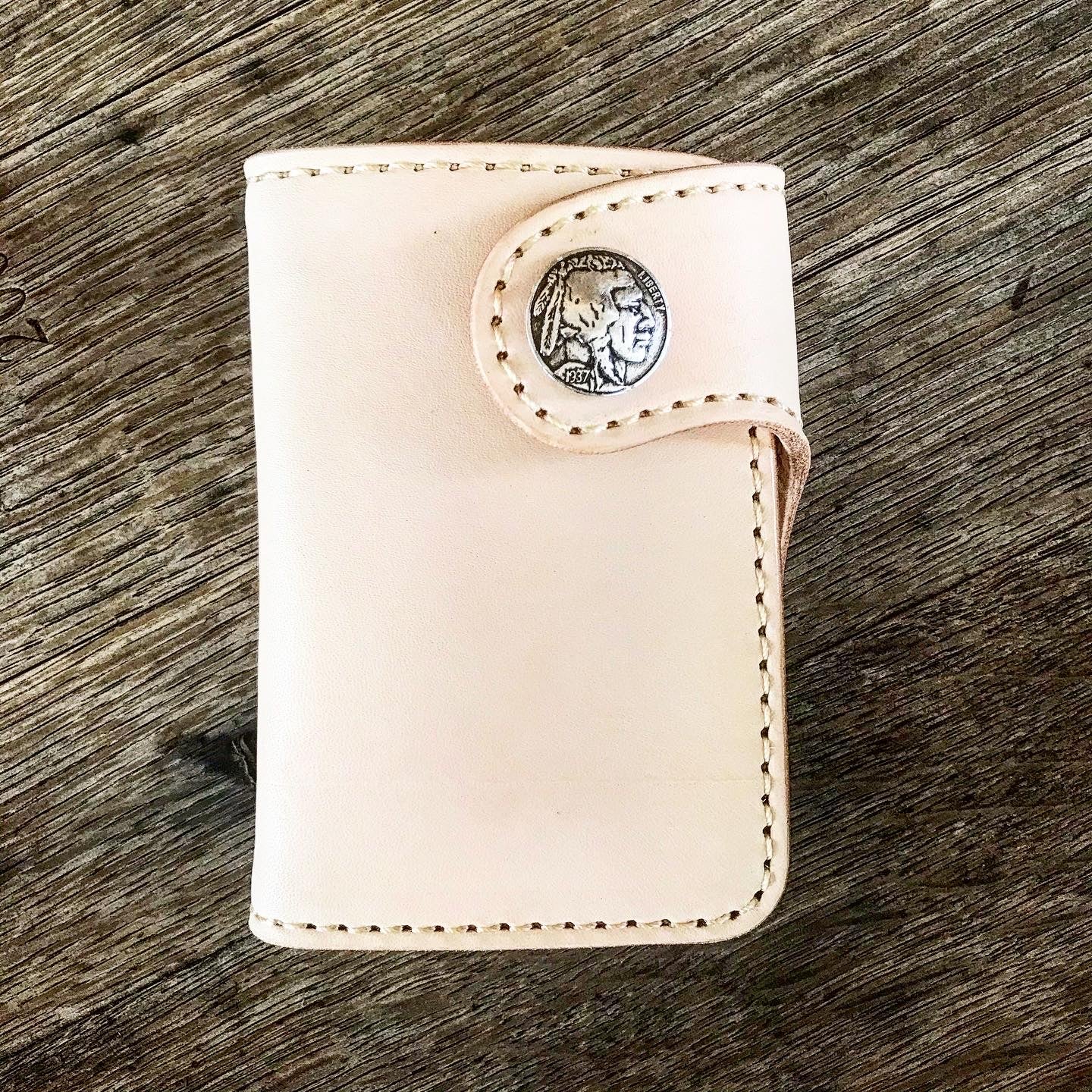 THE GALWAY: Natural Veg Tan Vertical Snap Wallet - Indian Head Buffalo Nickel