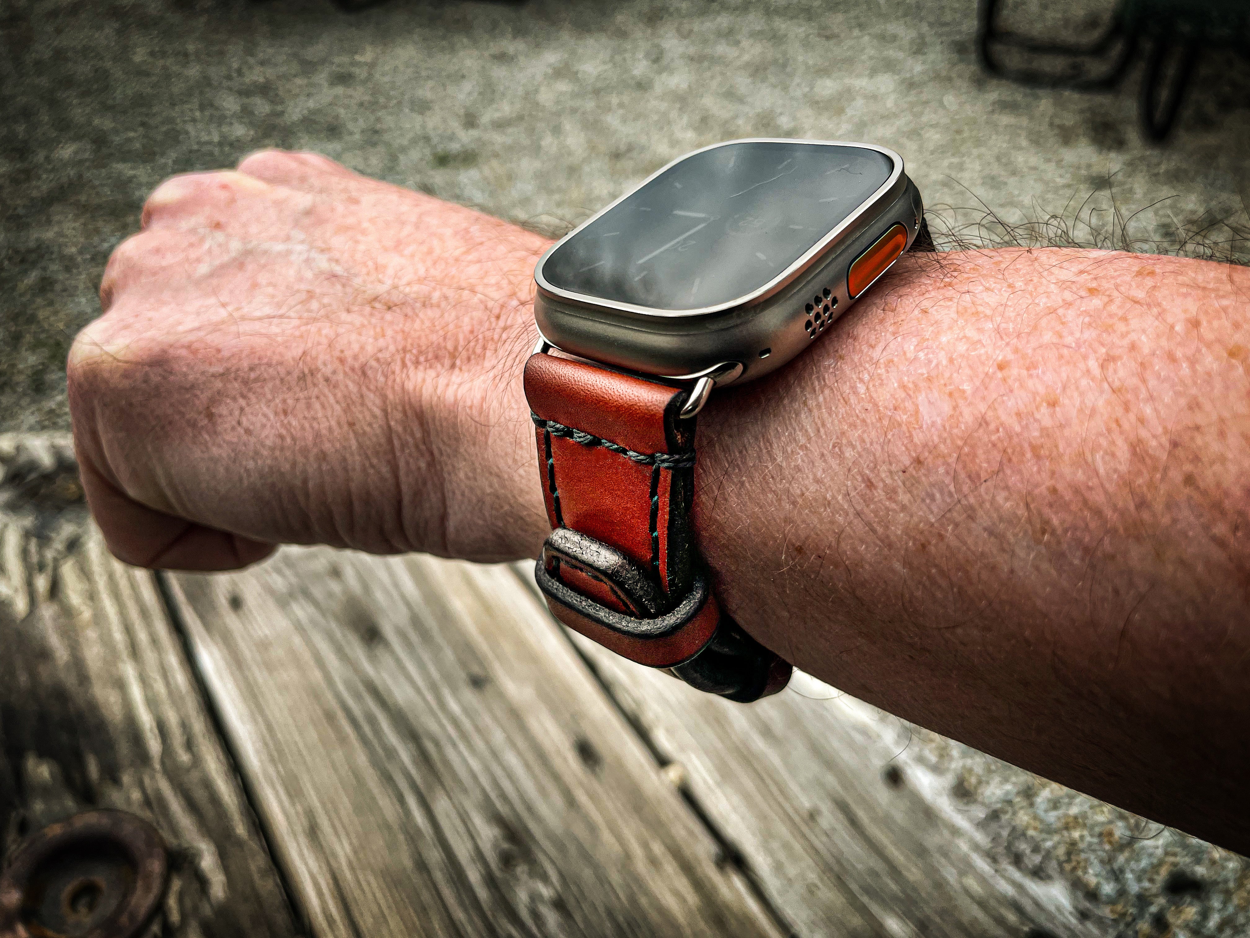 Blackthorn leather brown watch strap on an Apple Watch Ultra.