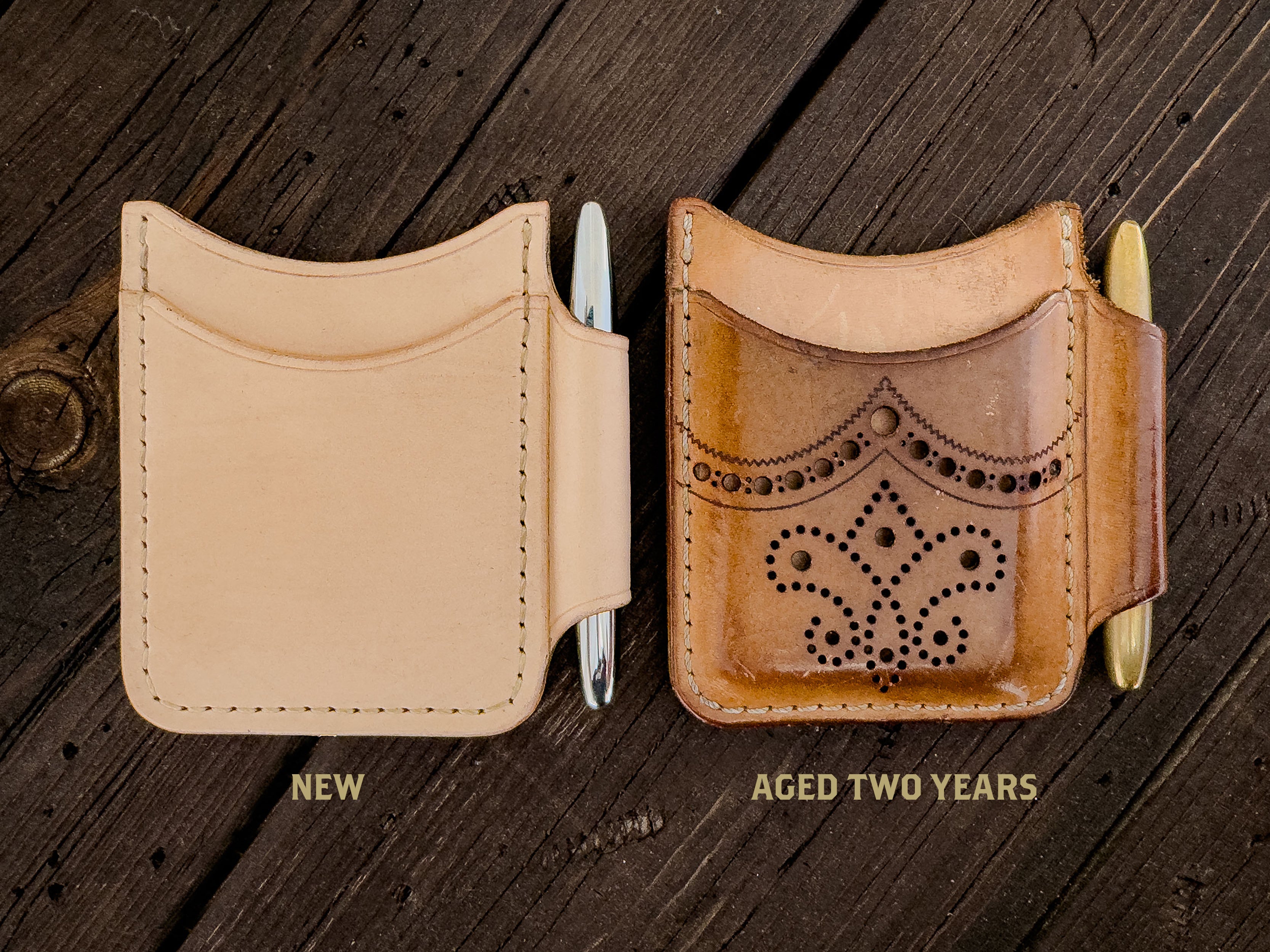 Two natural vegetable tanned leather wallets, one labeled 'New' and the other 'Aged Two Years', on a wooden surface.