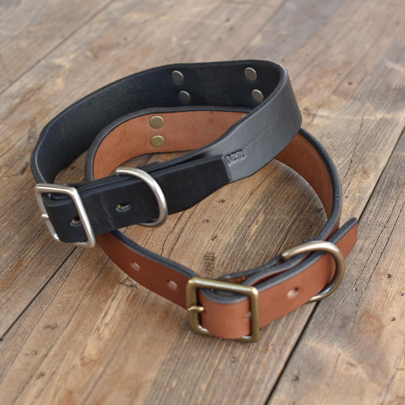 Blackthorn Leather dog collar in medium brown with antique brass hardware.