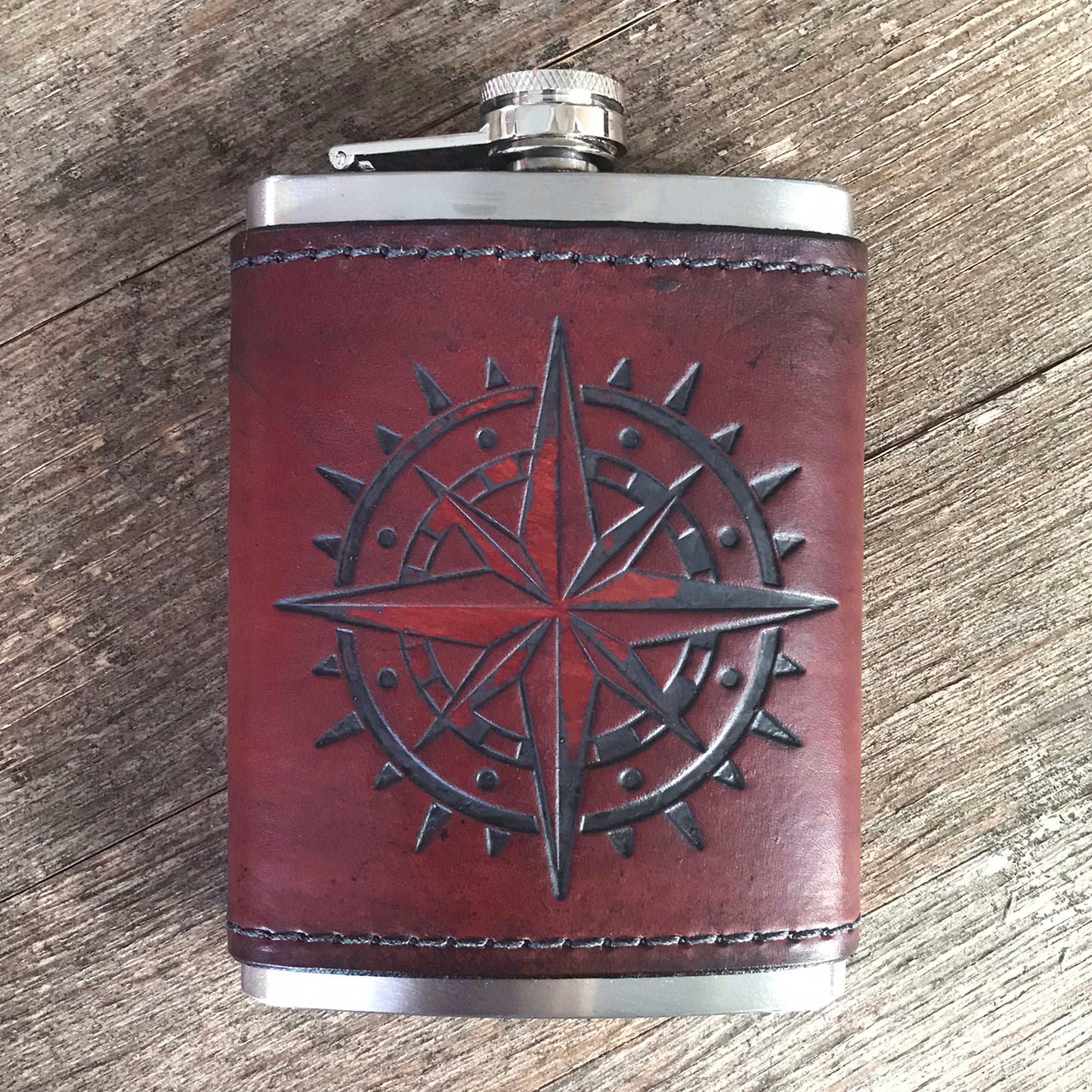Leather Wrapped Flask COMPASS ROSE Blackthorn Leather