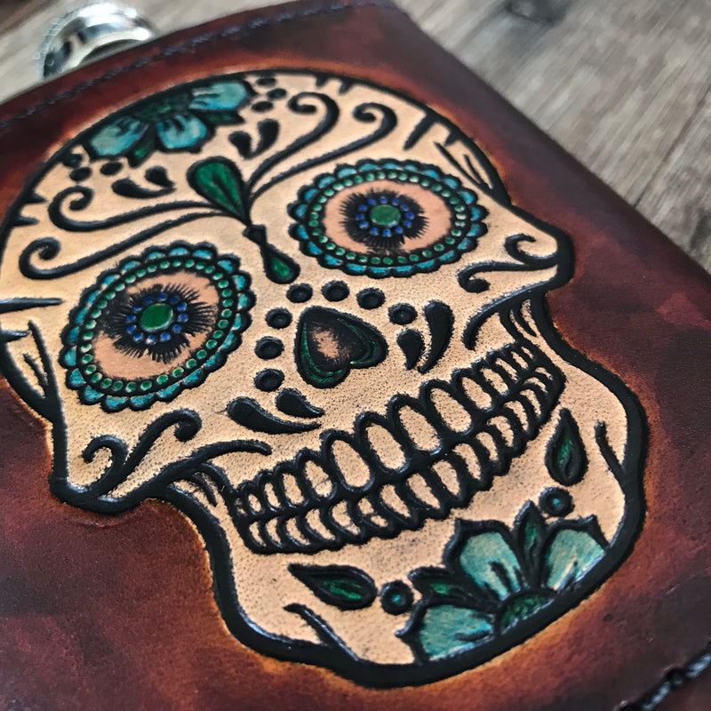 Leather Wrapped Flask - HAND PAINTED SUGAR SKULL
