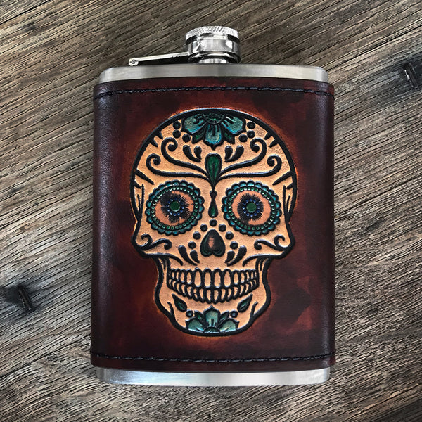 Leather Wrapped Flask - HAND PAINTED SUGAR SKULL