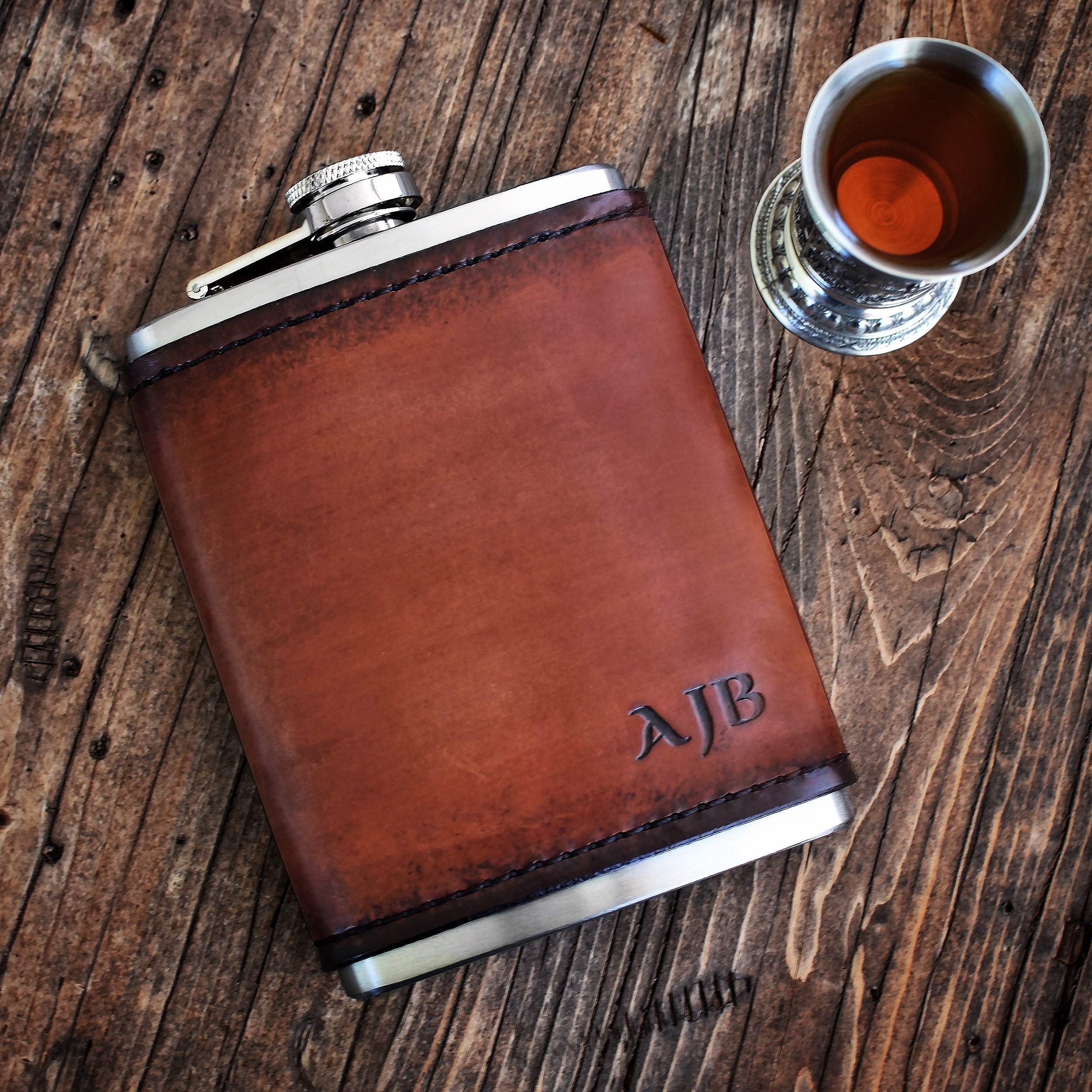 Leather Wrapped Flask with Monogram