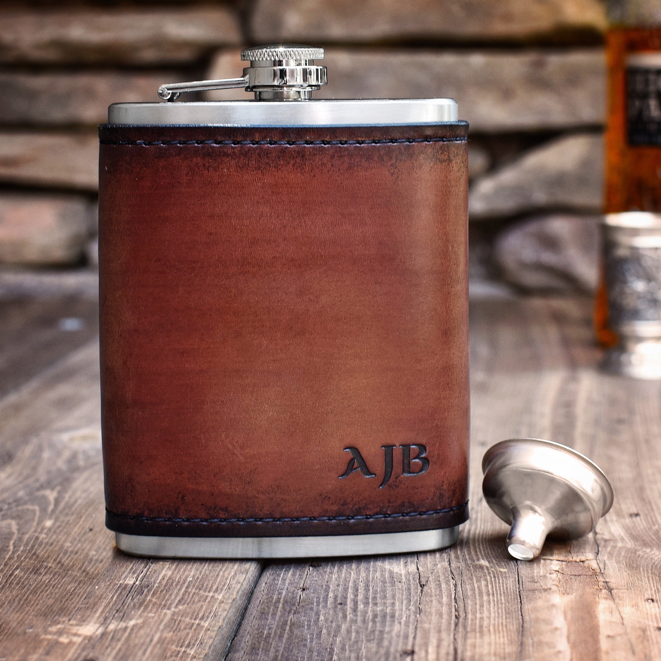 Leather Wrapped Flask with Monogram