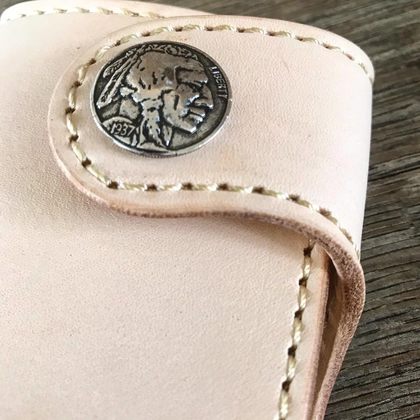 THE GALWAY: Natural Veg Tan Vertical Snap Wallet - Indian Head Buffalo Nickel